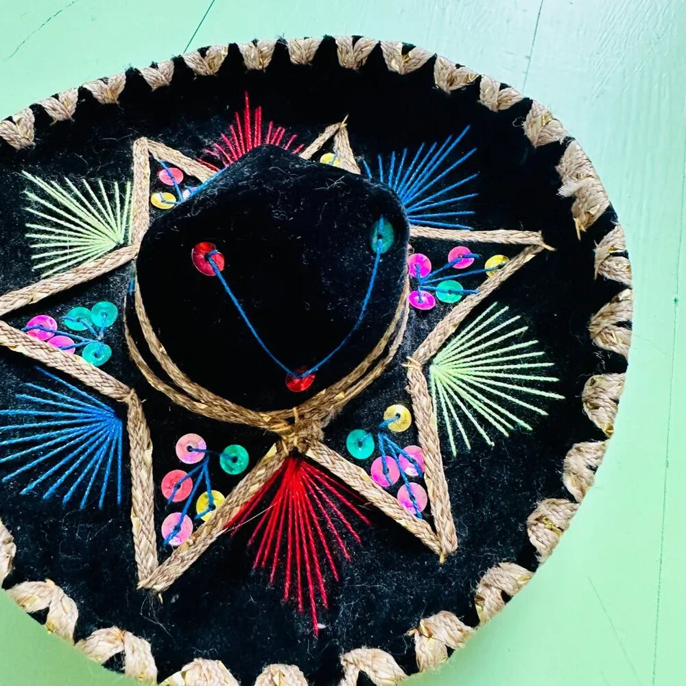 Vintage Mini Sombrero Black Velvet Mexican Hat Sequins Fiesta Decor 8